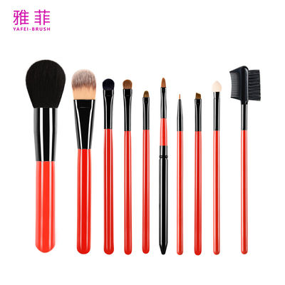 131A017210 Sleek  Red  Wooden Handle 10pcs Makeup Brush Set Private Logo